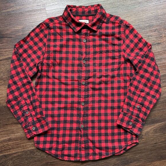 Cat & Jack Boys M 8/10 Black Red Plaid Buffalo Check Flannel Shirt Kid Christmas - Picture 1 of 7